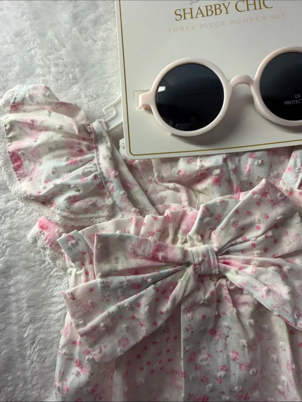 Shabby Chic Pink Floral Baby Romper with Pale Pink Round Sunglasses
